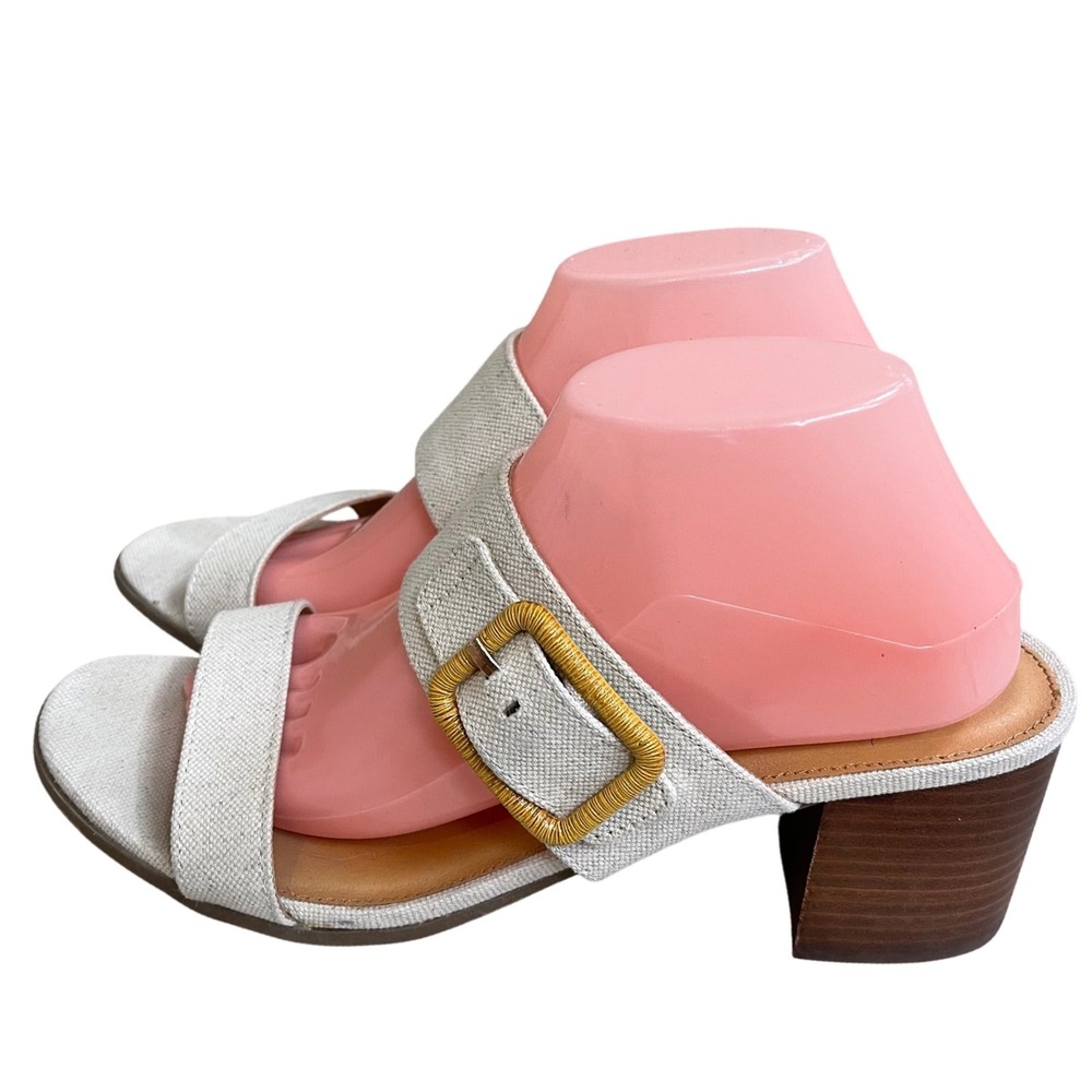 Tommy Bahama Trista Beige Canvas Block Heel Buckle Slide Sandals - Women Sz 10M